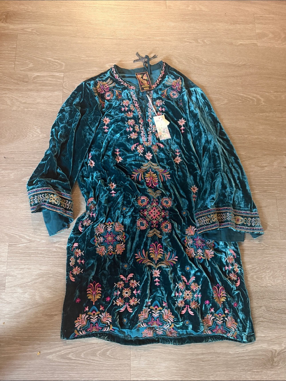 Johnny Was Teal Green Velvet Embroidered Lace-Up Dress - Picture 2 of 5